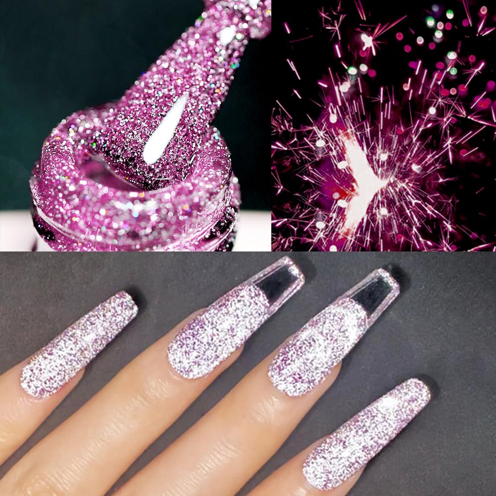 MIZHSE Reflective Purple Gel Nail Polish, Glitter Gel Polish Sparkly Shiny Effect, Soak Off Nail Art Varnish Manicure DIY at Home