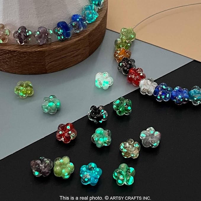 Artsy Crafts 30 Pcs Assorted Glow in The Dark Firefly Beads 10mm European Lampwork Luminous Glass Beads for Jewelry Making Charm Bracelet Necklace Earrings Crafts (Flower - Mix)