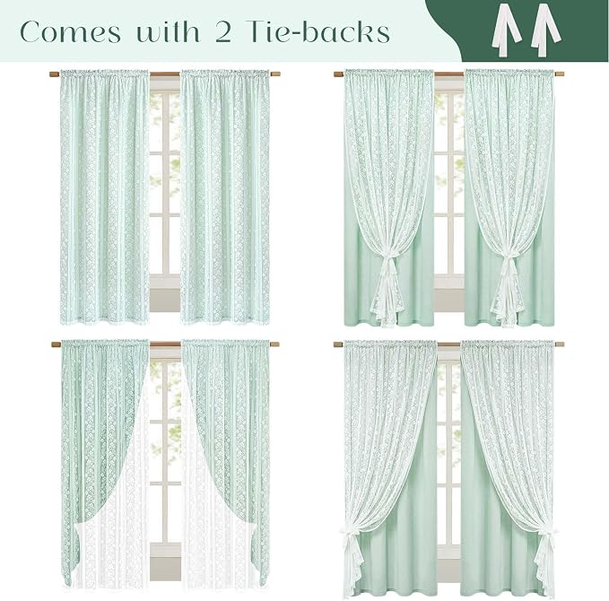 ASPMIZ Linen Curtains for Bedroom Double Layer Curtain 63 Inch Length 2 Panels, Farmhouse Rod Pocket Drapes with Tiebacks, Light Filtering Window Treatment for Living Room, 52 x 63 Inch, Mint Green