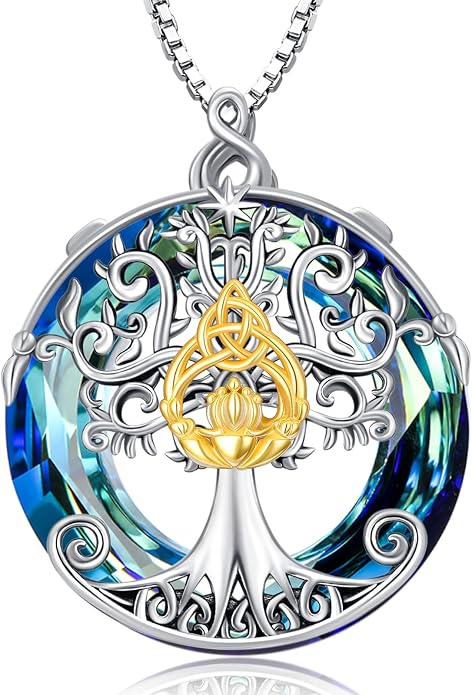 TOUPOP Tree of Life Necklace 925 Sterling Silver Celtic Knot Tree Pendant Jewelry with Blue Crystal Christmas Gifts for Women