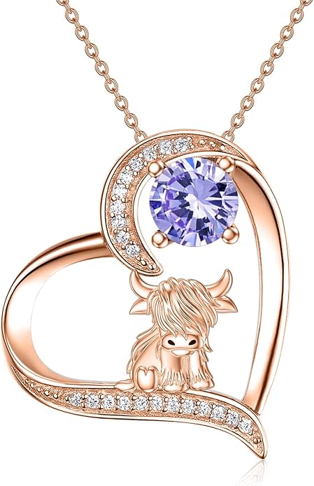 Highland Cow Gifts for Women 925 Sterling Silver Highland Cow Birthstone Necklace Fluffy Cow Jewelry Gifts Birthday Christmas