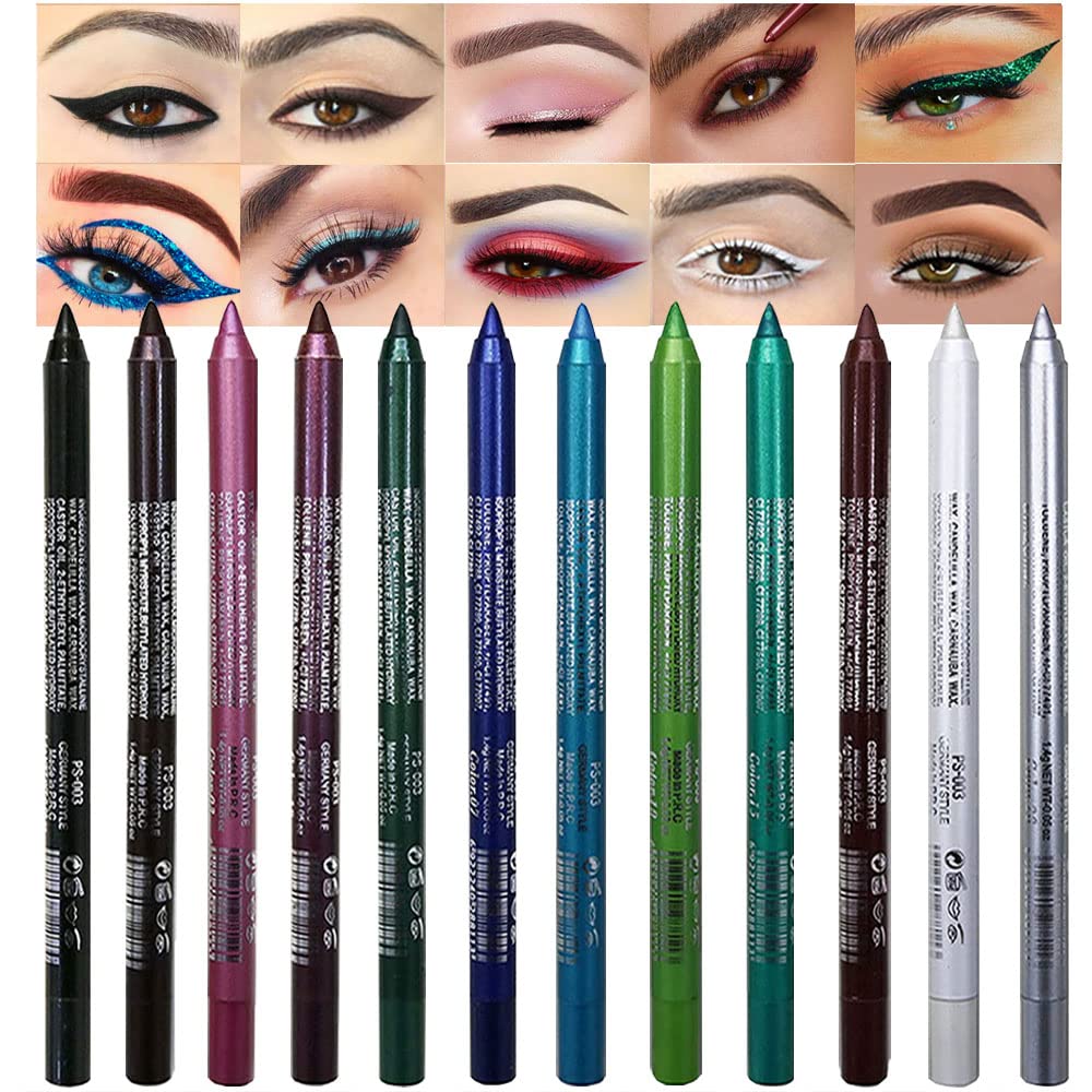 evpct 12Pcs Green Blue White Black Brown Purple Color Gel Glitter Eyeliner Pencils Set for Women Waterline Waterproof Smudge Proof lapiz de ojos delineador de ojos contra el agua Eye Liner Makeup 1-5
