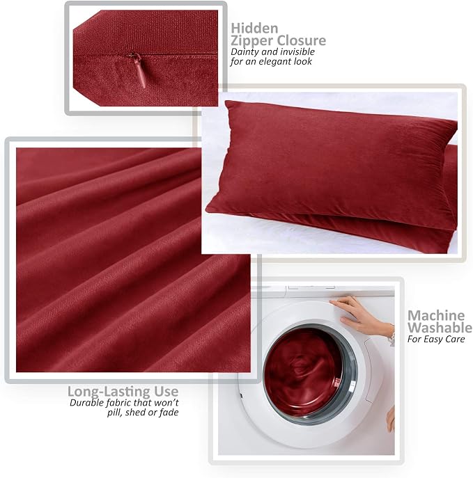 Nestl Throw Pillow Covers, Cozy Velvet Decorative Pillow Covers 12 x 20 Inches, Soft Solid Couch Pillow Covers for Sofa, Bed and Car, Set of 4 - Cherry Red