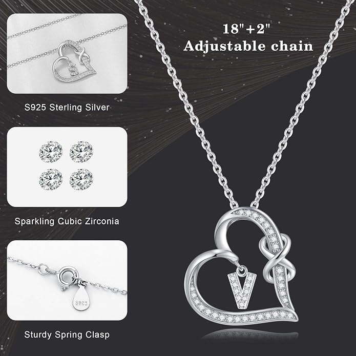 Infinity Heart Necklaces for Women, S925 Sterling Silver Initial Necklace Womens Jewelry Mothers Day Gifts Girls Valentines Gifts for Her Christmas Birthday Gifts for Women Mom Wife Girlfriend