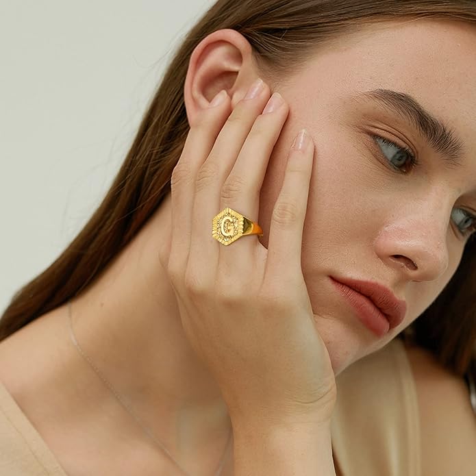 KeyStyle Bold Initial Letter Rings Adjustable, GoldChic Jewelry Women Gold Statement Ring Personalized Engraved Women’s Open Signet Ring for Party (Gold, White Gold, Black)