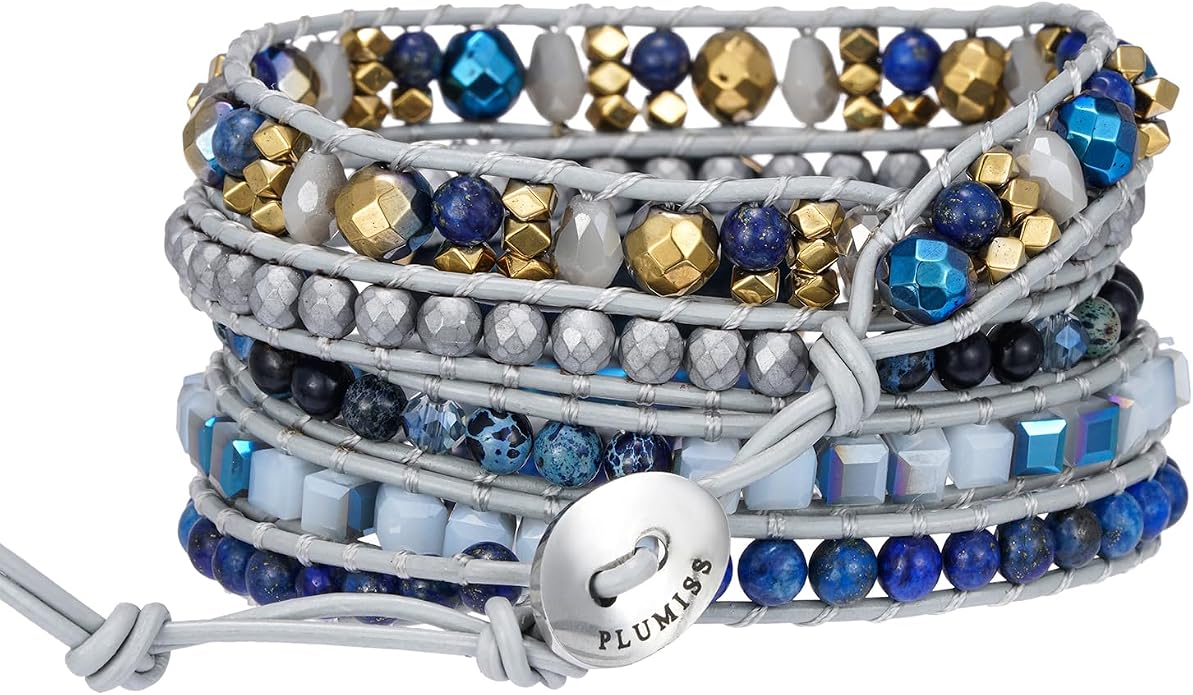 Plumiss Women Boho Handmade Natural Stone Crystal Leather Bead Wrap Bracelets Collection