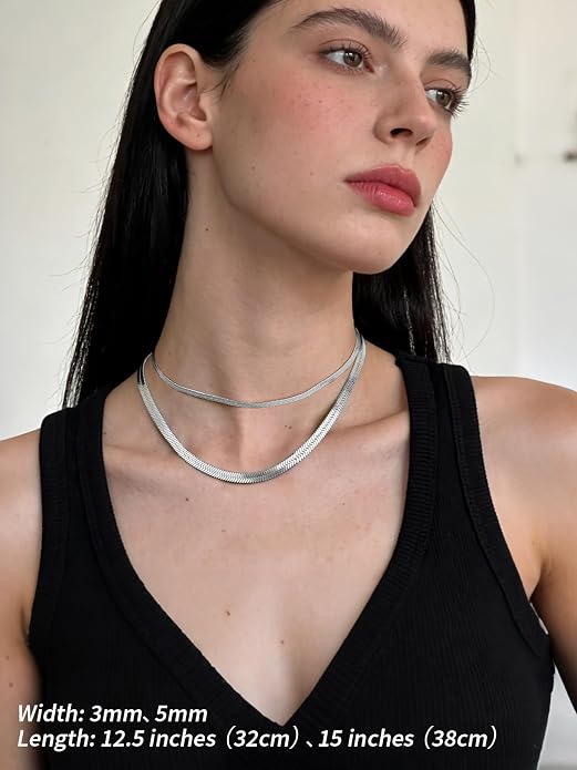 FindChic Black/14K Gold Plated Herringbone Choker Chain Necklace for Women | Waterproof Stainless Steel, Dainty Layering, Flat Snake Chain, Non-Tarnish, Hypoallergenic, Adjustable Extender, Gift Box