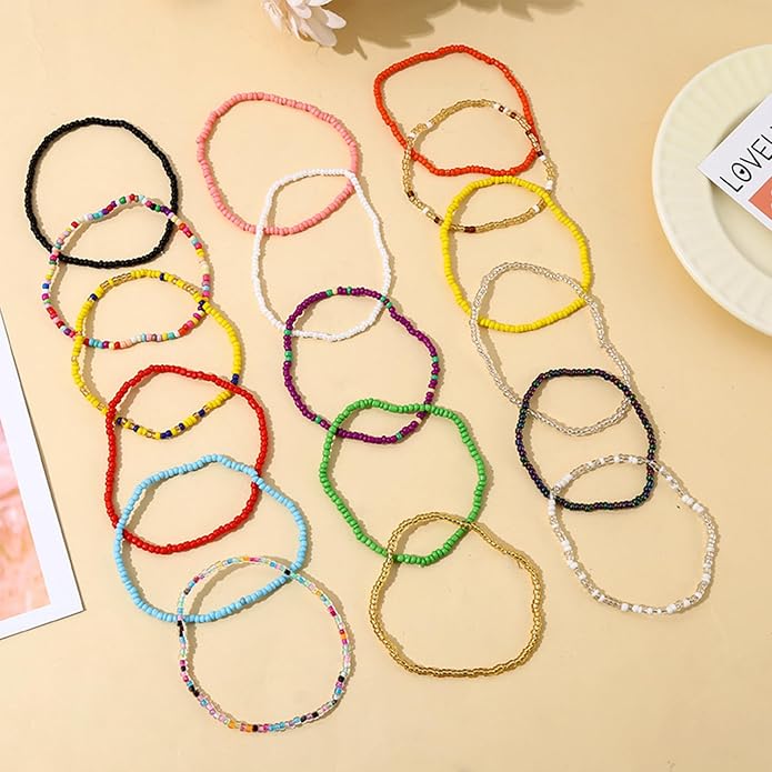 17Pcs-30Pcs Elastic Beaded Handmade Bracelets Bohemian Stackable Beaded Stretch Bracelets Colorful Boho Beach Anket Bracelet Set Rainbow Handmade Seed Beach Bracelet Summer Jewelry for Women