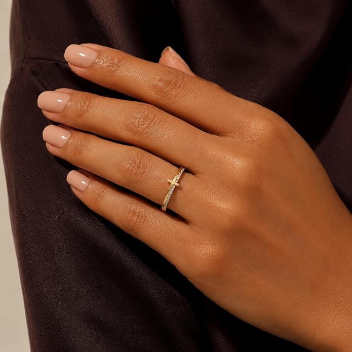 Gold Cross Statement Rings for Women 14K Gold Silver Tone Non Tarnish Cute Band High Polished Smooth Comfort Fit Size 5-10