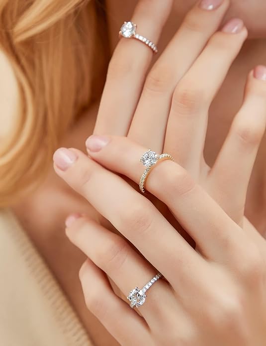 EAMTI 925 Sterling Silver 1.2 CT Round Solitaire Cubic Zirconia Engagement Ring Halo Promise Ring Size 3-13