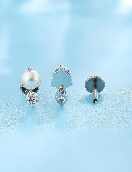 Limerencia 2Pcs 18g Titanium Internally Threaded Tragus Piercing Jewelry Nose Studs Flat Back Earrings Labret, Lip, Helix, Cartilage, Conch, Medusa Piercing for Women Men Sensitive Ears
