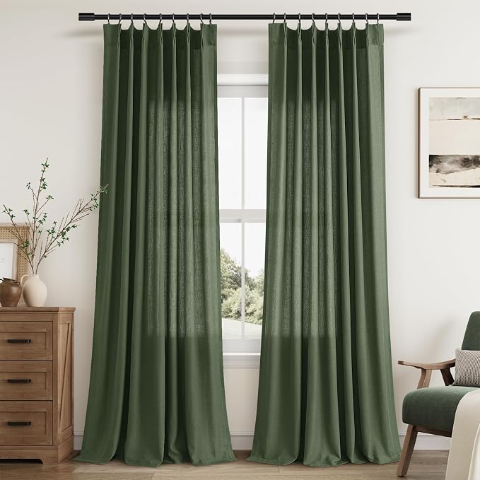 Olive Green Pinch Pleated Linen Curtains 90 Inch Long 2 Panels for Living Room with Pin Hooks Back Tab Linen Drape Boho Farmhouse Hunter Forest Green 90 Inch Length Bedroom Curtain for Large Window