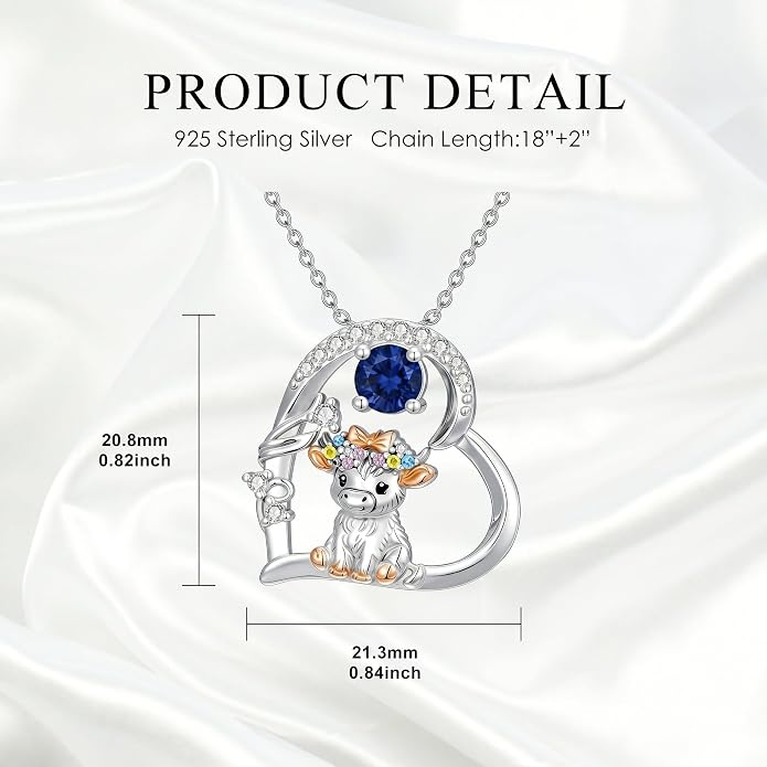 Highland Cow Gifts for Women 925 Sterling Silver Highland Cow Birthstone Necklace Fluffy Cow Jewelry Gifts Birthday Christmas