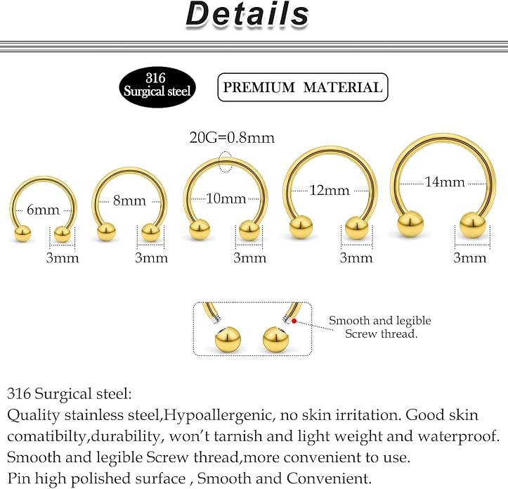 20G-00G Septum Rings Ear Gauges Earrings Stretching Kit 316L Surgical Steel Horseshoe Septum Pa Piercing Jewelry for Women 10mm 12mm 14mm 16mm