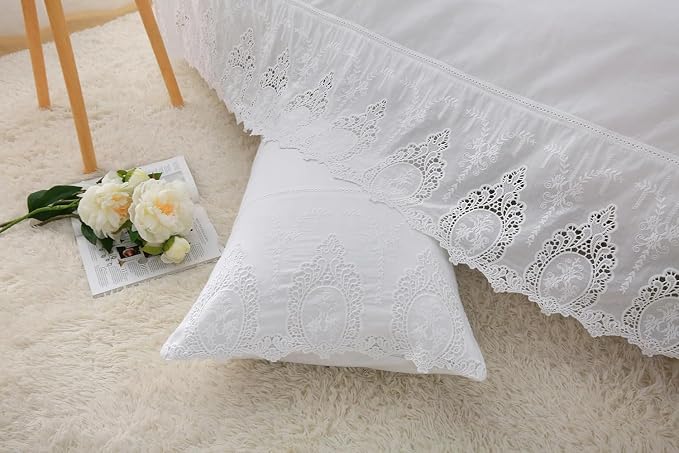 2-Pack White Battenburg Lace Pillow Shams Hollowed Out Lace Pillowcases French Luxury Elegant Look 100% Cotton Queen Size