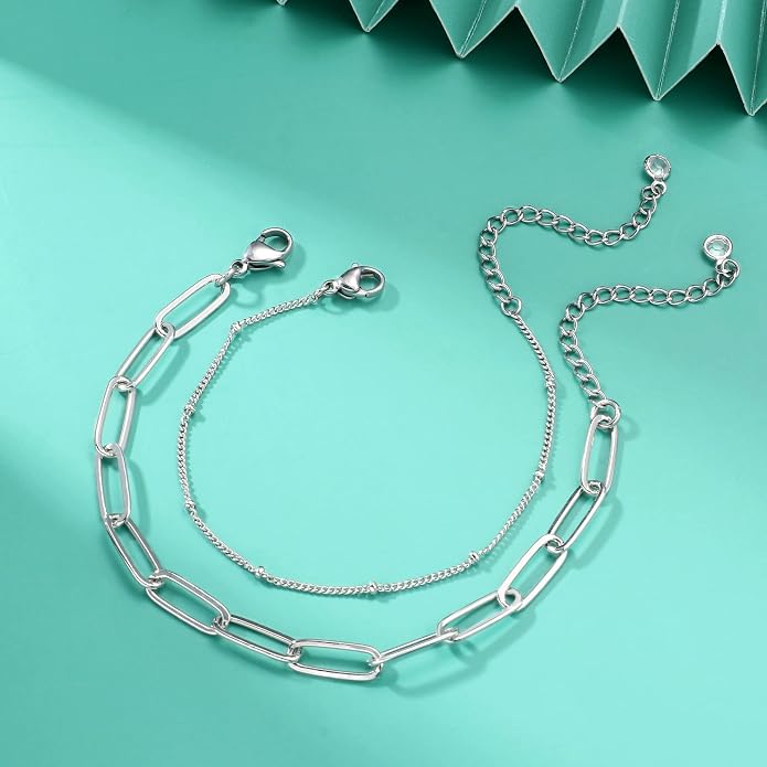 Dainty Gold Bracelets for Women, 14K Gold Plated Adjustable Layered Beads Bracelet Cute Evil Eye Oval Chain Pearl Bar Turtle Gold Bracelets for Women Jewelry