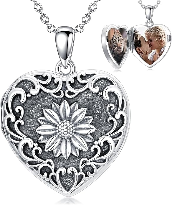 Locket Pendant Necklace for Women, 925 Sterling Silver Dainty Photo Necklace, Christmas Valentine's Day Mother's Day Memorial Jewelry Gifts (With Gift box)