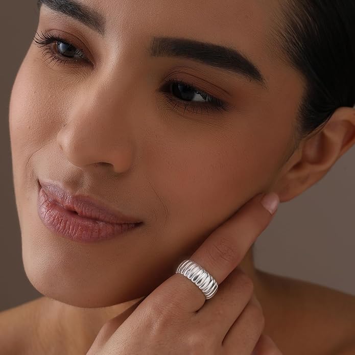 LeCalla 925 Sterling Silver Chunky Bold Signet Rings for Women and Men | Textured Twisted and Ribbed Statement Rings | Minimalist Texture Silver Ring Jewelry for Women & Men (Sizes 6-8 No.)
