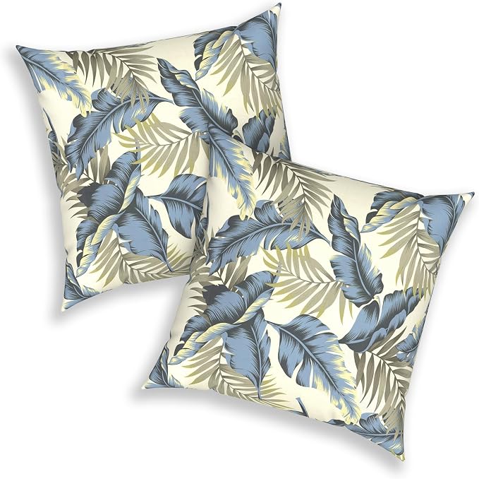 Outdoor 20x20 Inch Throw Pillows with Inners, Square Pillows Decorative Set of 2 for Home Garden Furniture, ‌Lush Palm Blue