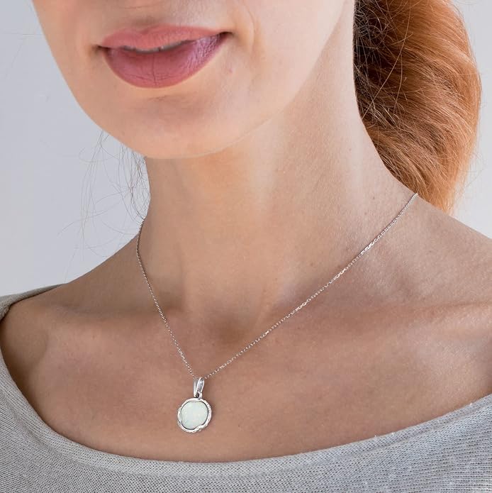 ADITA GOLD 925 Sterling Silver White Opal Necklace, Dainty 12mm Round Gemstone Pendant, October Birthstone Bridal Wedding Jewelry, Handmade Vintage Statement Jewel for Classy Brides and Women