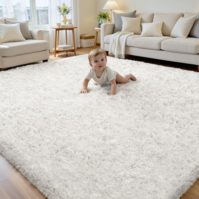 8x10 Area Rug for Living Room, Ultra Soft Fluffy Shag Rugs for Bedroom, Non-Slip Large Fuzzy Plush Rug Indoor Floor Carpet for Nursery Kids Office Dorm Modern Decor, White