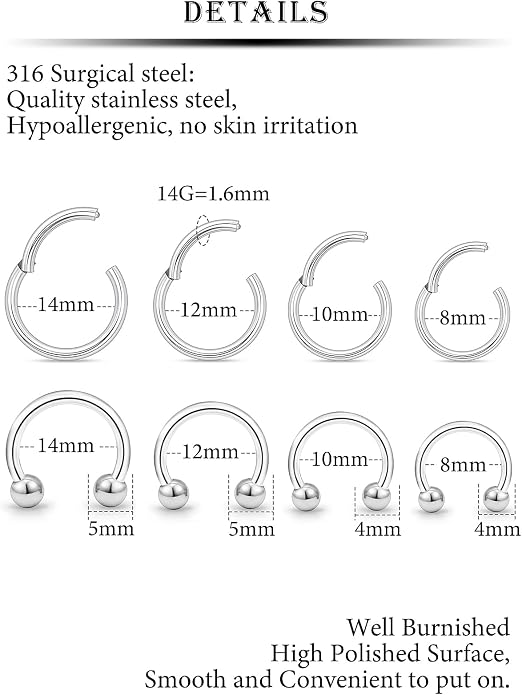 20G 18G 16G 14G 12G 10G Hypoallergenic Nose Rings Hoops for Men Women 316L Surgical Steel Hinged Nose Rings for Nostril Septum Cartilage Helix Daith Tragus Rook Conch Lip Ear Lobe Piercing