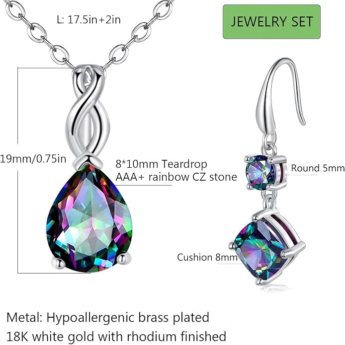 VOLUKA Created Opal/Amethyst/Mystic Topaz Pendant Necklace for Women,18K White/Rose Gold Plated Chain Wedding Engagement Jewelry Gift