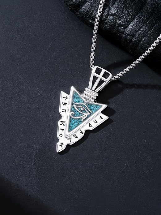 Viking Turquoise Arrowhead Necklace for Men Celtic/Evil Eye/Ankh/Valknut/Compass Arrow Head Pendant Fathers Day Birthday Gifts