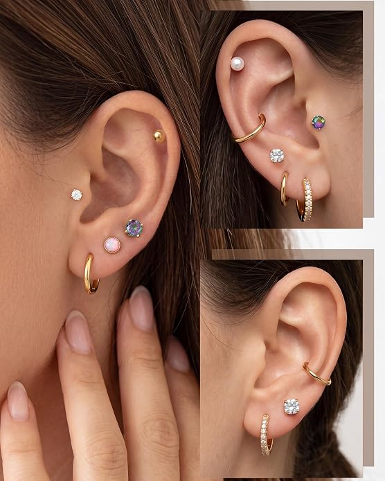 14K Gold Plated Hypoallergenic Earring Stack Set, Surgical Steel Flat Back & Screw Back Studs, Multi‑Size Small Huggie Hoops, Nickel‑Free CZ Pearl Opal Cartilage Earrings, Comfortable Sleeping Piercing Jewelry for Sensitive Ears Women & Men