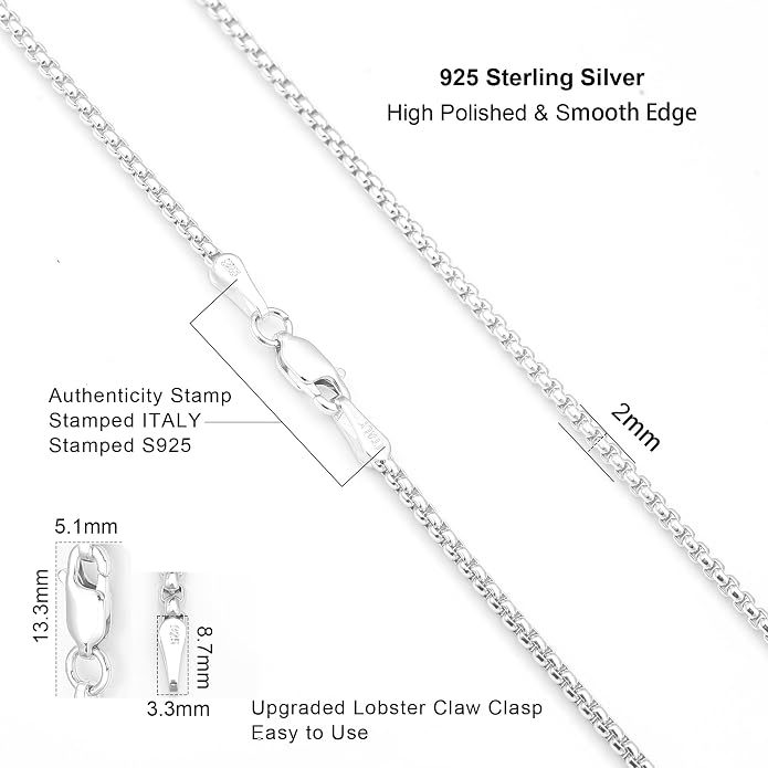 925 Sterling Silver Box Chain Lobster Clasp 2/3/4/5mm Necklace for Women Mens Box Chain Silver/14K Gold Plated Plated Necklace Chain Diamond Cut 16-30 Inches