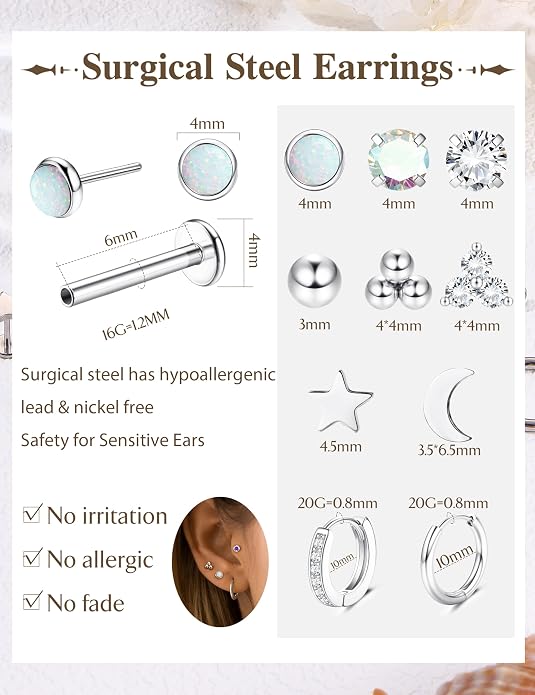 Sanfenly Threadless Flat Back Earrings Studs 316L Surgical Steel Cartilage Earrings for Women Men Push in Nose Rings Studs 20G 18G 16G CZ Opal Tragus Helix Conch Lip Labret Medusa Nostril Piercing Jewelry Hypoallergenic