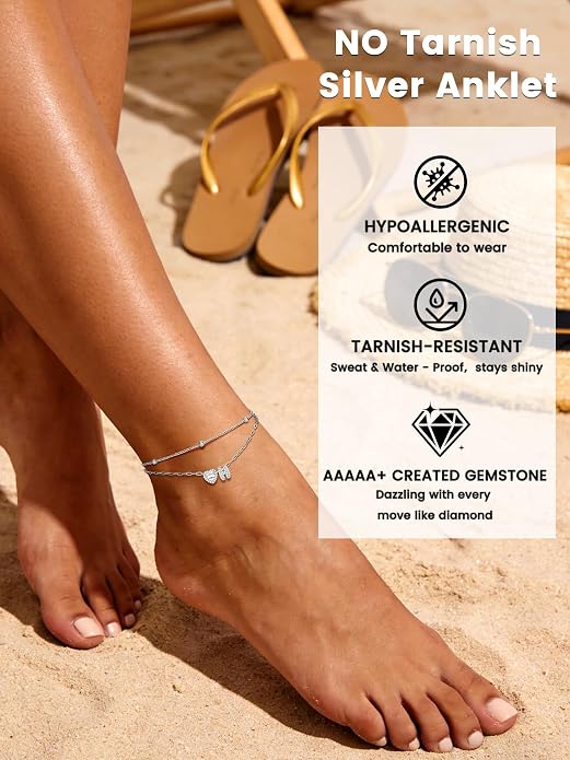Bestyle Initial Anklet Bracelets for Women Waterproof Non Tarnish 14K Gold/White Gold Plated CZ Anklets for Women Dainty Layered Letter Heart Ankle Bracelets Adjustable Foot Chain Anklet