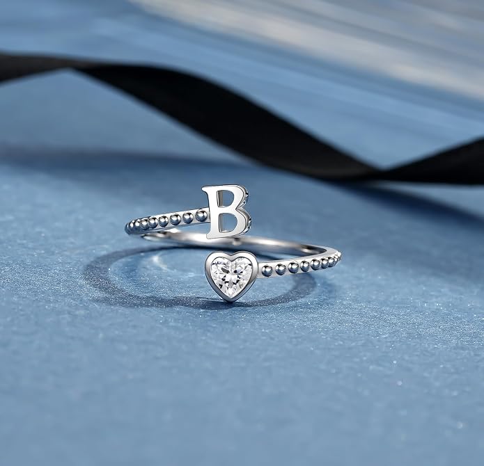 Step Forward 925 Sterling Silver Adjustable Initial Ring for Women | Non Tarnish Letter Rings for Lady | Alphabet Heart Thumb Rings | Capital Letter Jewelry Gifts