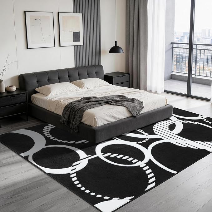 YIHOUSE Washable Black and White 8x10 Area Rugs for Living Room Non Slip | High and Low Pile Circle Pattern Rug for Bedroom, Soft Modern 3D Textured Carpet for Dining Room Playroom Home Office Decor