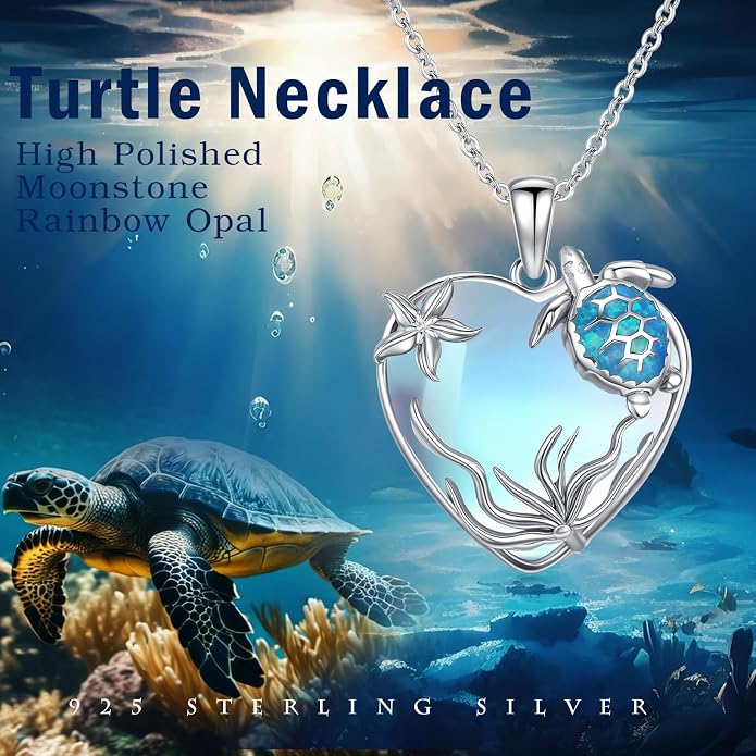 Sea Turtle/Seaweed Necklace for Women 925 Sterling Silver Heart of the Ocean Moonstone Pendant Necklace Turtle Moonstone Jewelry Gift for Wife Mom