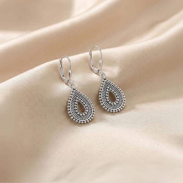 LeCalla 925 Sterling Silver Antique Earrings for Women | Filigree Leverback Dangle Earring | Drop Dangle Earrings for Women | Oxidized Silver Jewelry for Her Mom Wife