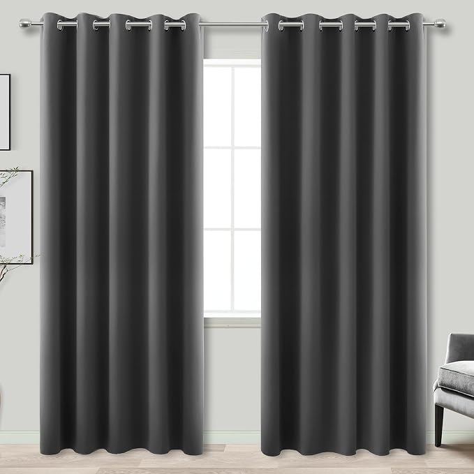 KOUFALL Extra Wide Blackout Curtains 90 Inch Length, Dark Grey Thermal Insulated Black Out Curtain for Bedroom Living Room, 2 Panel Set, Charcoal Gray, Cortinas para Sala