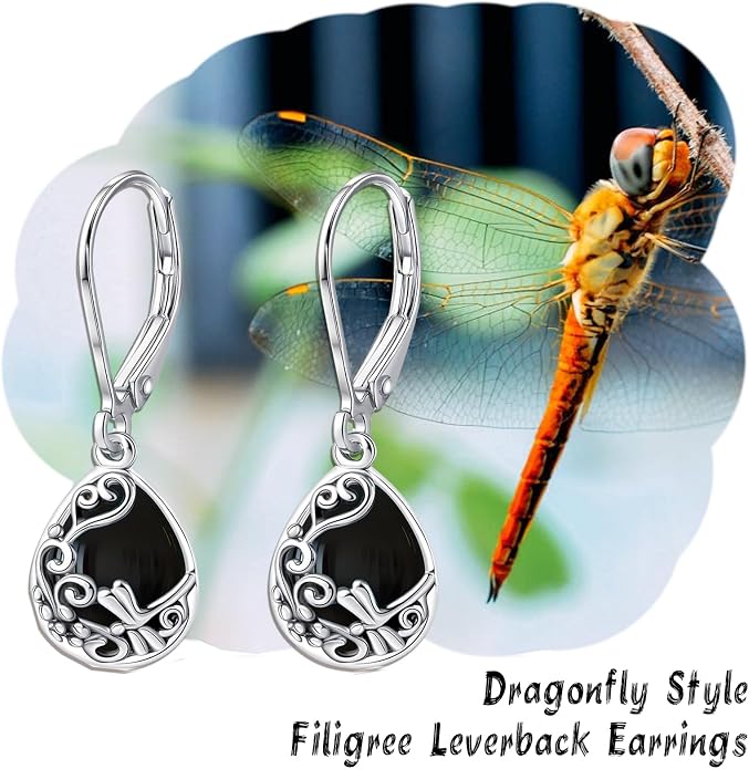 Real 925 Sterling Silver Trendy Dangle Earrings for Women | White Gold Plated | Hypoallergenic Turquoise/Black Onyx/Opal Filigree Jewelry Lightweight Celtic Lover Knot Leverback Earrings Gifts