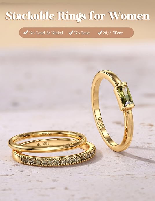 Gold Stackable Birthstone Rings for Women - 18K Gold Filled Non Tarnish Dainty Gold Stacking Rings Set - Cubic Zirconia Thumb Knuckle Ring Wedding Engagement Ring for her Gifts Size 6 7 8 9 10 3pcs