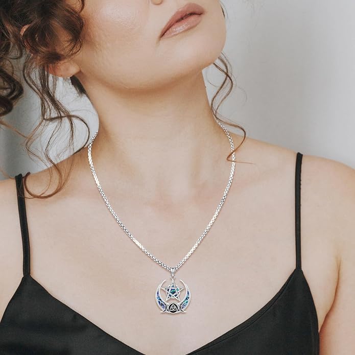 Pentagram Necklace Sterling Silver Triple Moon Goddess/Celtic Knot Witches Knot/Ankh/Sun and Moon/Hecate/Lilith/Santa Muerte/Tetragrammaton Pendant Necklace Pagan Wiccan Magic Egyptian Amulet Jewelry for Women Men
