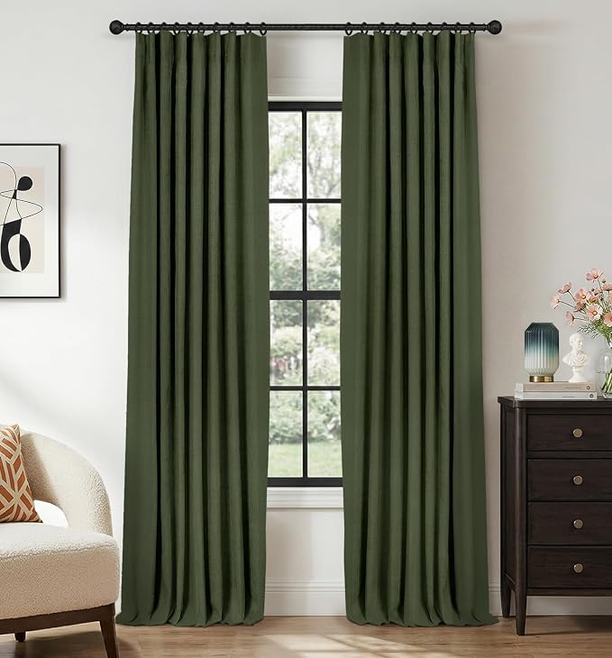 INOVADAY 100% Blackout Curtains for Bedroom, Olive Green Black Out Curtains 84 Inch Long, Clip Rings Linen Blackout Drapes, Thermal Insulated Room Darkening for Living Room, 2 Panels - W50xL84