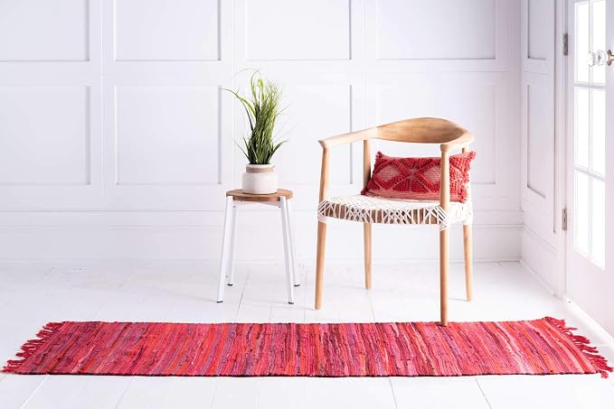 Unique Loom Chindi Cotton Collection Soft Hand Woven Natural Fiber Striped Area Rug, 2 ft 2 in x 6 ft 7 in, Red/Purple