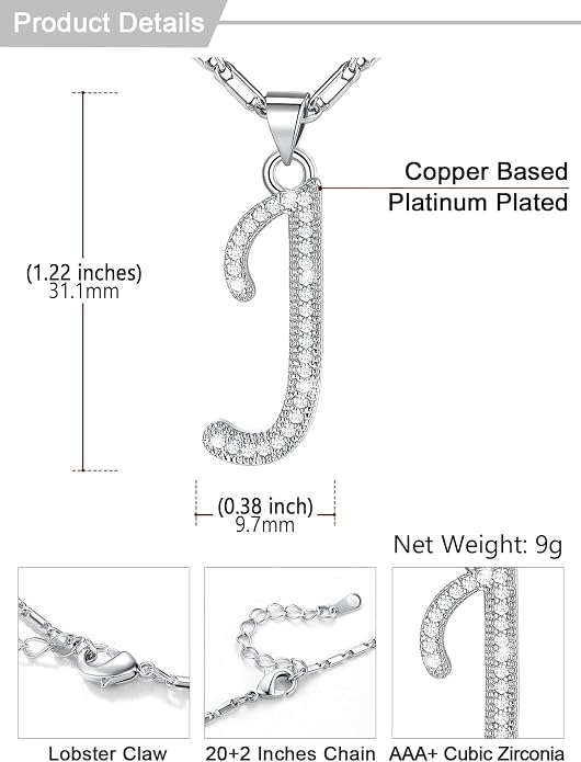 U7 Initial Necklace for Women, Gold/Platinum Plated CZ Crystal Letter A-Z Pendant Necklace, Shiny 20 Inch Name Chain Dainty Personalized Jewelry for Men Mom Wife Friend