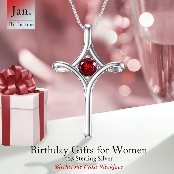 TOUPOP Cross Necklace for Women 925 Sterling Silver Birthstone Cross Pendant Fine Jewelry Anniversary Birthday Mothers Day Gifts for Mom Wife Her