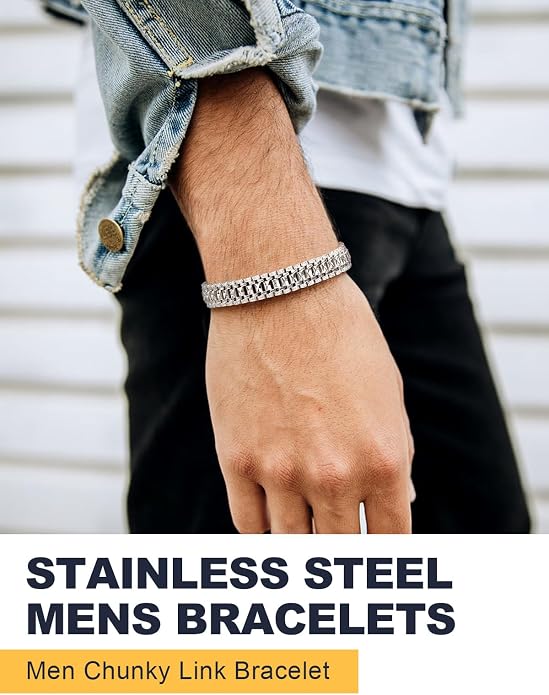 U7 Link Bracelets for Men, Cuban Link/Rope/Watch Band Solid Bracelet, Silver Black Gold Color Wrist Bracelet 3/6/9/12/15mm Width, 6.5/7.5/8.3 Inch Length, Hand Chain Jewelry for Mens Women
