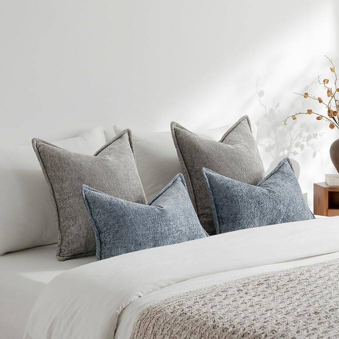 DEZENE Pack of 2 Light Gray Decorative Throw Pillow Covers 20x20 Cozy Soft Chenille Accent Vintage Square Couch Pillow Covers for Home Decor Bed Sofa Living Room