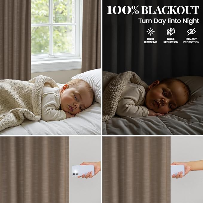 Topfinel 96 Inch Long Blackout Curtains for Sliding Glass Door, 100 Percent Sun Blocking Curtains Back Tab & Hooks for French Doors Energy Saving Luxury Home Decor Dark Flax Linen Panels 52" W*96" L