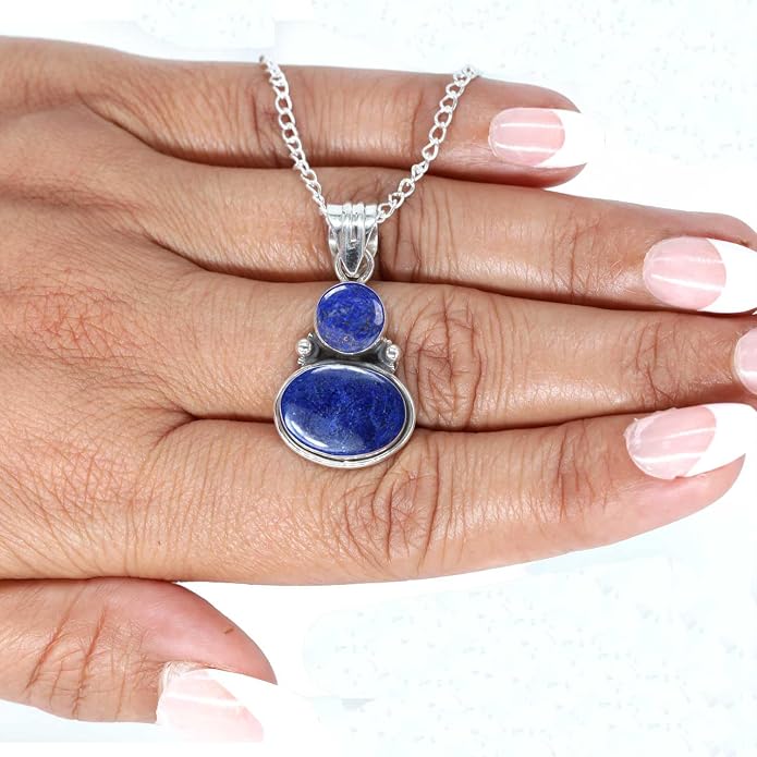Handmade Genuine 925 Sterling Silver Pendant Necklace Natural Gemstone Crystal, Lapis, Onyx, Amber Oval Round Boho Jewelry For Women