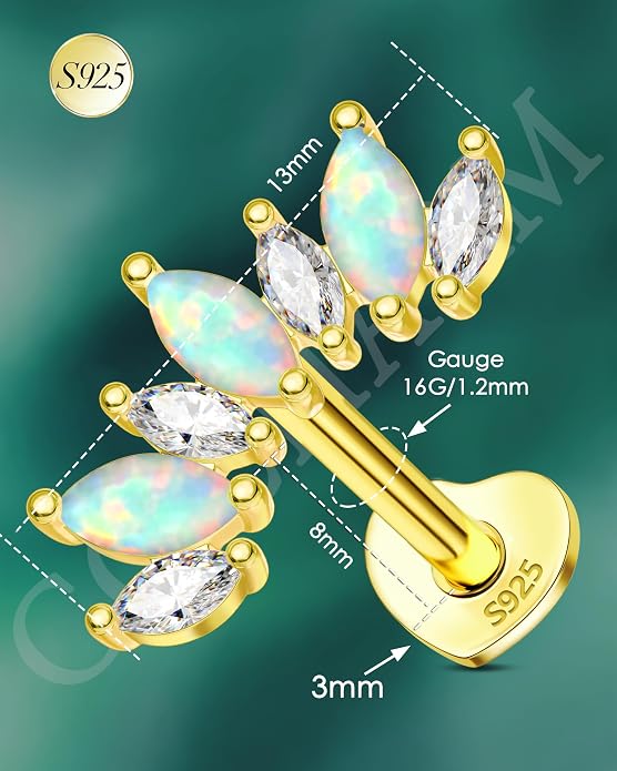 COCHARM 14K Gold Plated Cartilage Earrings Stud 925 Sterling Silver Opal Helix Earrings for Women Internally Thread Flat Back Earrings Heart