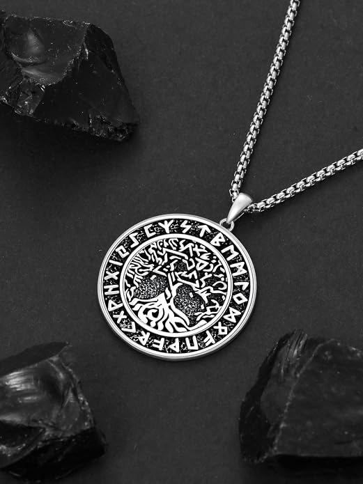 Viking Necklace for Men 925 Sterling Silver Viking Wolf/Thors Hammer/Vegvisir/Tree of Life/Compass Pendant Norse Necklace Amulet Talisman Christmas Gifts for Him Her